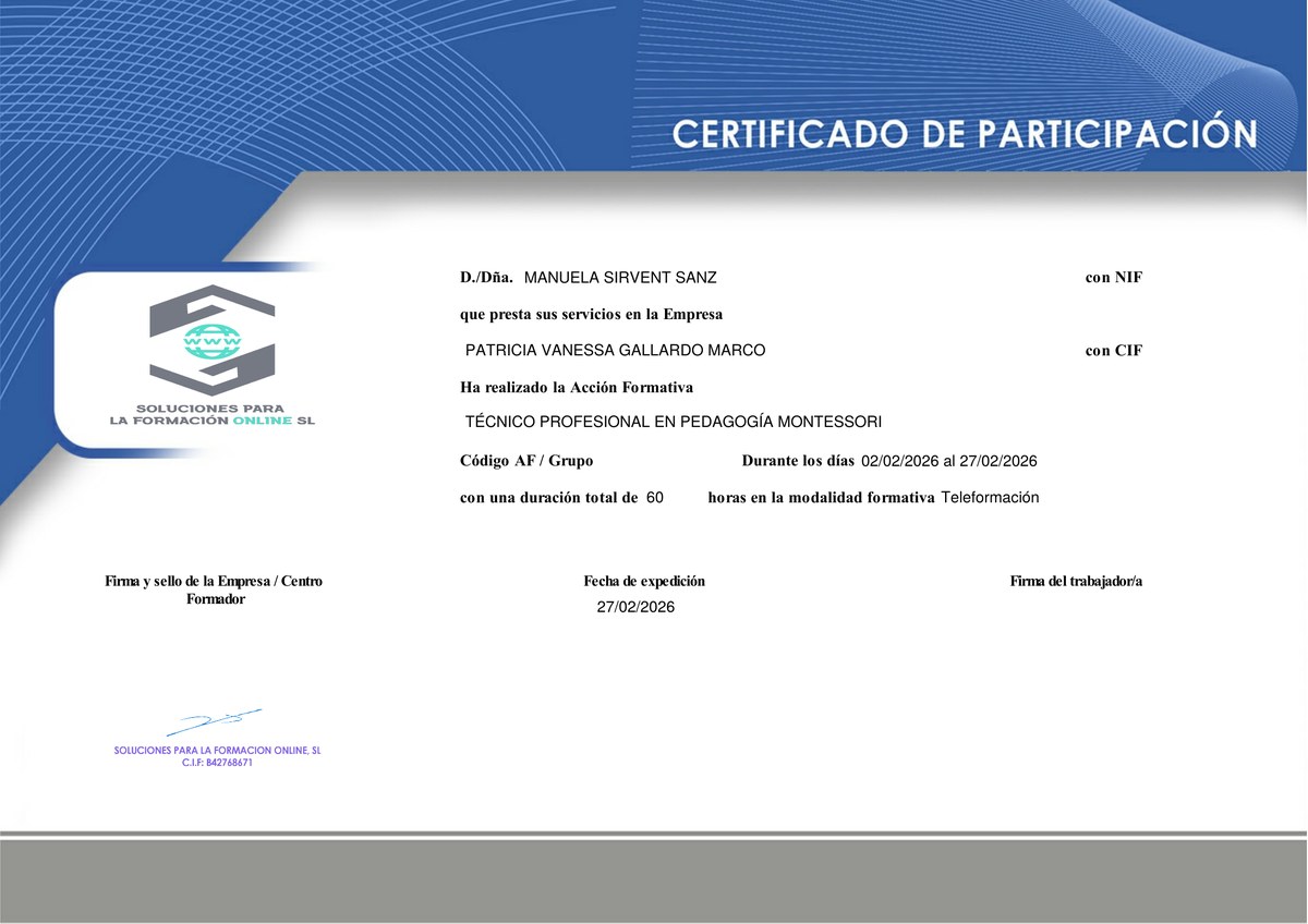 Certificado de Manuela Sirvent Sanz: Técnico Profesional en Pedagogía Montessori