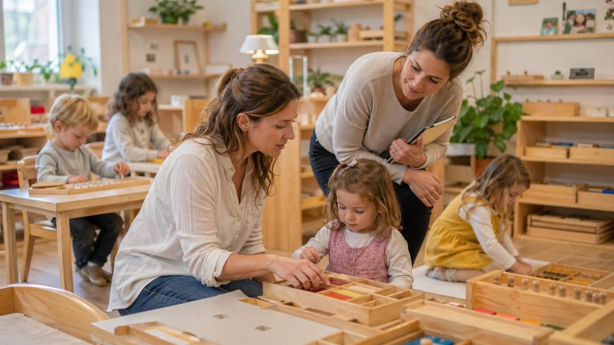 Dos educadoras acompañan a niños pequeños trabajando con materiales Montessori en un aula de madera natural