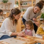 Dos educadoras acompañan a niños pequeños trabajando con materiales Montessori en un aula de madera natural