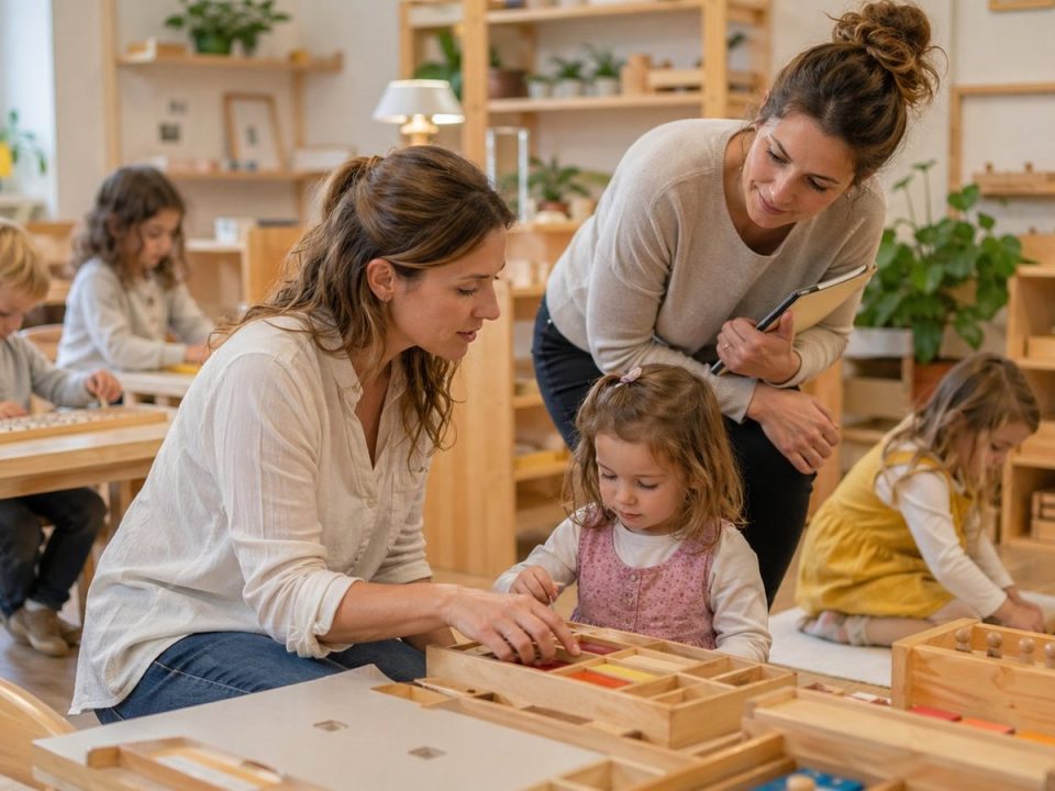 Dos educadoras acompañan a niños pequeños trabajando con materiales Montessori en un aula de madera natural
