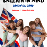Cartel del campamento de inmersión English in Mind con alumnos del IES Huarte de San Juan en La Garza, 17-19 de abril de 2026