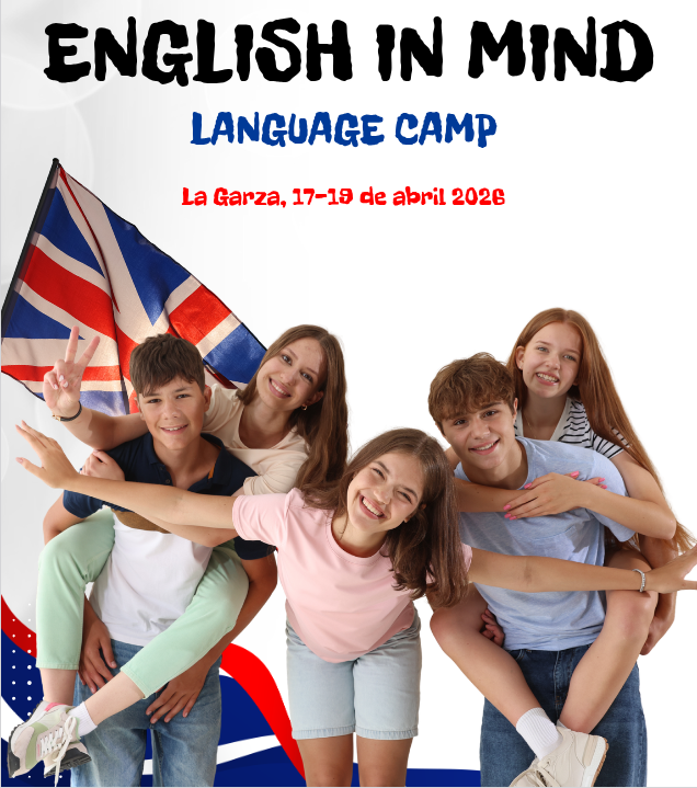 Cartel del campamento de inmersión English in Mind con alumnos del IES Huarte de San Juan en La Garza, 17-19 de abril de 2026